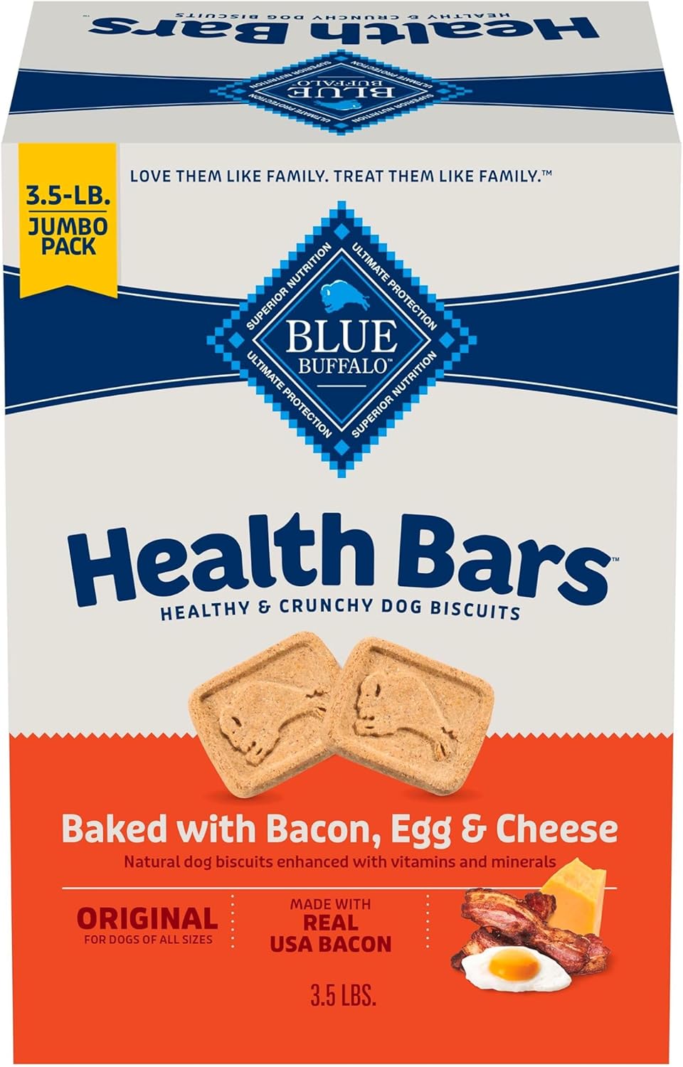 Blue Buffalo Health Bars Crunchy Dog Biscuits, Oven-Baked with Natural Ingredients, Bacon, Egg & Cheese, 3.5-lbs Box Review (Best Price on Amazon)